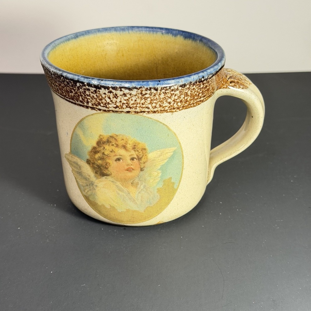 Vtg Monroe Salt Works Pottery Stoneware Mug Cherub Angel